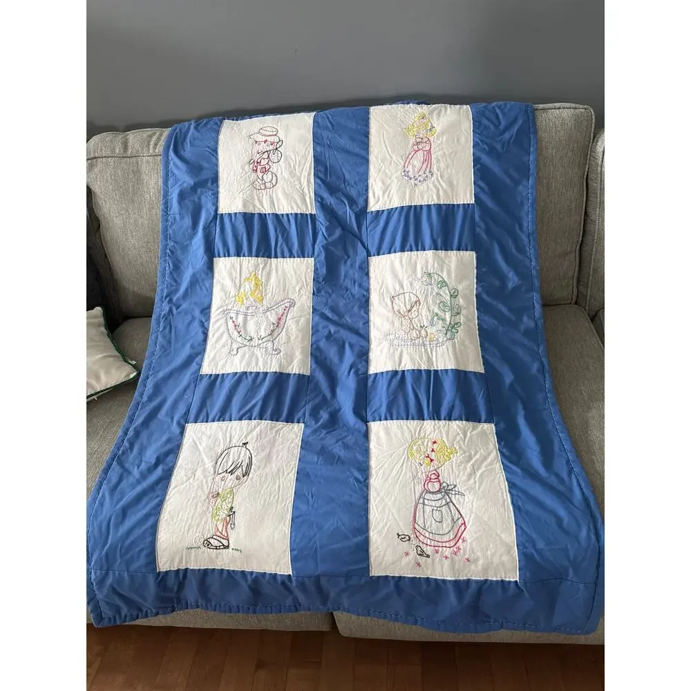 Vintage Hand Embroidered Child’s Quilt – Blue & White Precious Moments Style